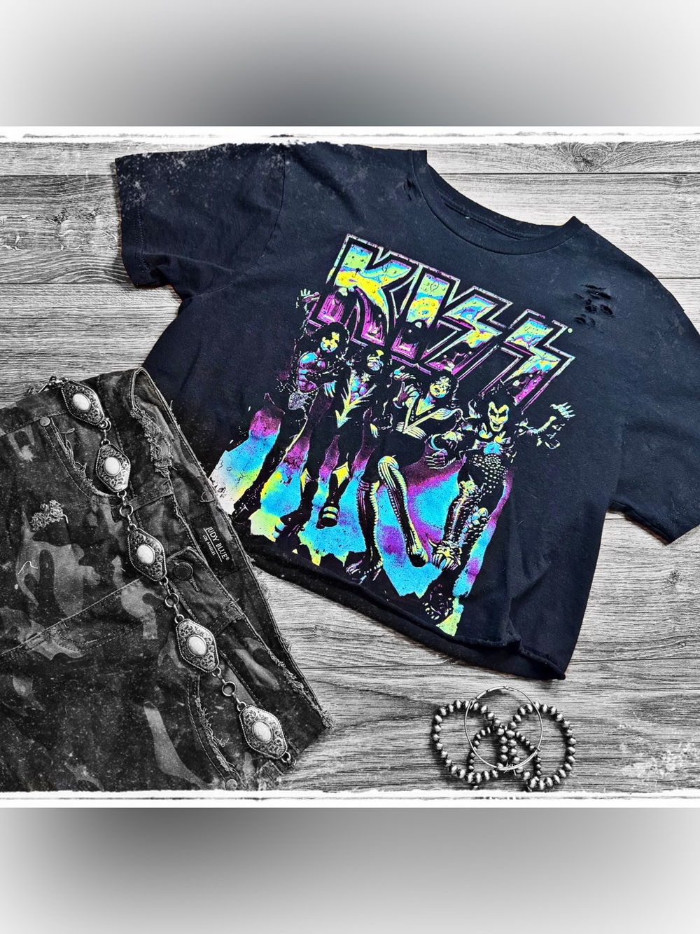 Kiss Black Distressed and Jeweled Crop Top with Neon Graphic